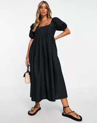 ASOS DESIGN cotton jumbo scallop puff sleeve smock midi dress in black | ASOS (Global)
