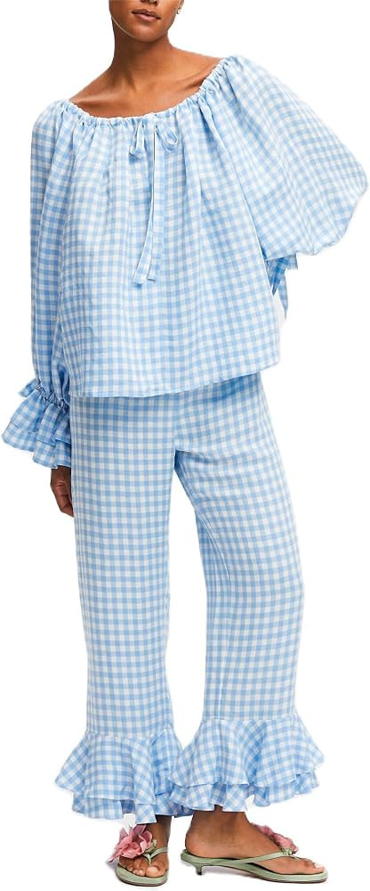 Women Y2k 2 Piece Lounge Set Tie Front Scoop Neck long sleeve top and Gingham Ruffle Pants Pajama... | Amazon (US)