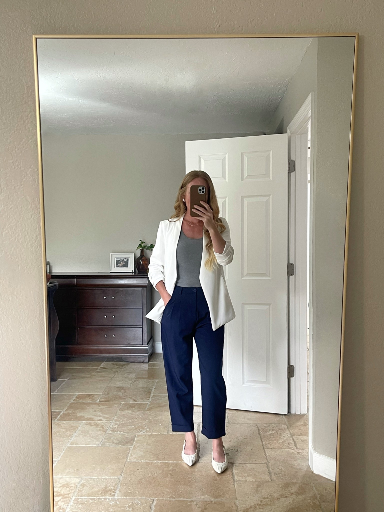 Business casual looks for women, office looks, workwear for women, spring flats, navy blue pants, white blazer, tank top, silver jewelry 

#LTKWorkwear #LTKFindsUnder50 #LTKFindsUnder100