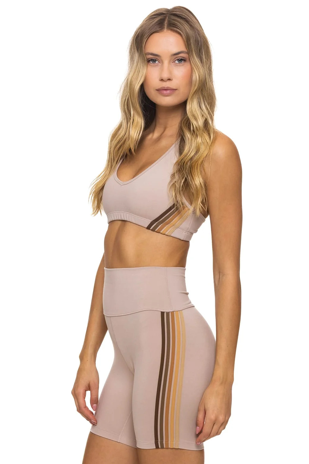 WOMEN'S 5 STRIPE SPORTS BRA - SAND // ESPRESSO | Aviator Nation