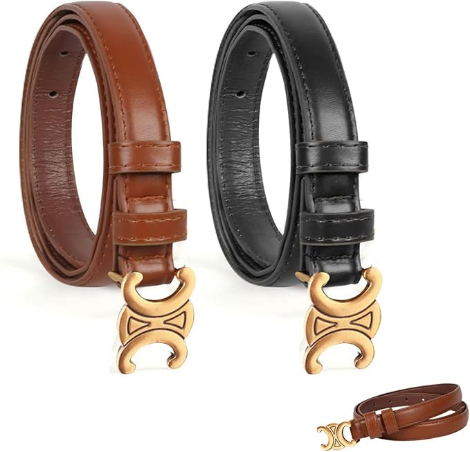 Women Skinny Leather Belt, 2 Pack Leather Belts for Women Adjustable Fashion Classic Slim Thin Be... | Amazon (UK)
