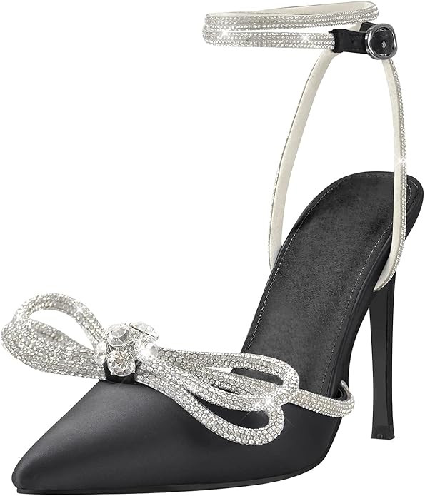 onlymaker Women's Pointy Toe Satin Sandals Ankle Strap Rhinestone Stilettos Bowknot Pumps | Amazon (US)
