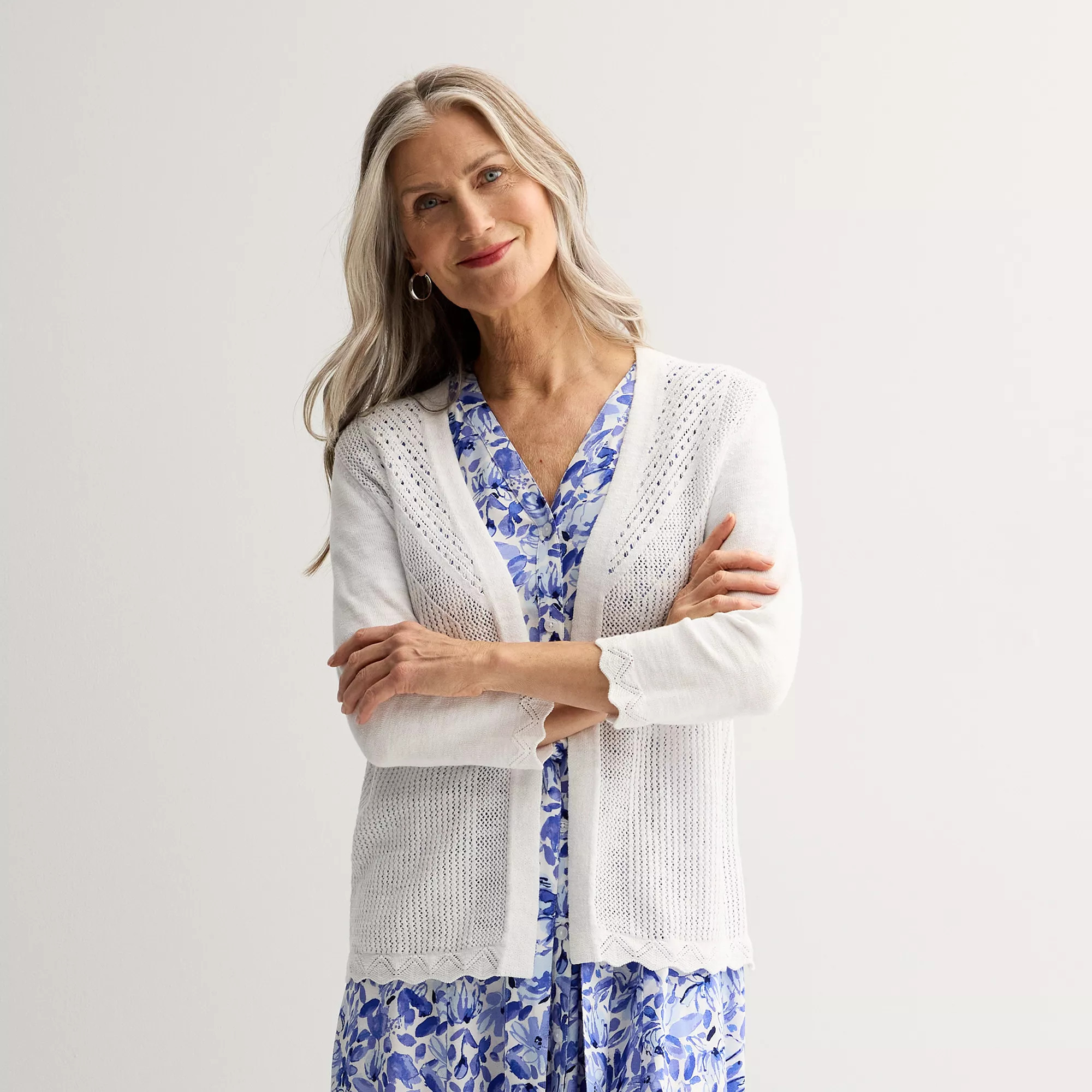 Petite Croft & Barrow® Pointelle Open Front Cardigan | Kohl's