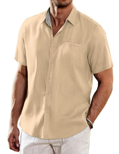 COOFANDY Men's Beach Wedding Shirt Casual Short Sleeve Linen Shirts Button Up Shirt Beige | Amazon (US)
