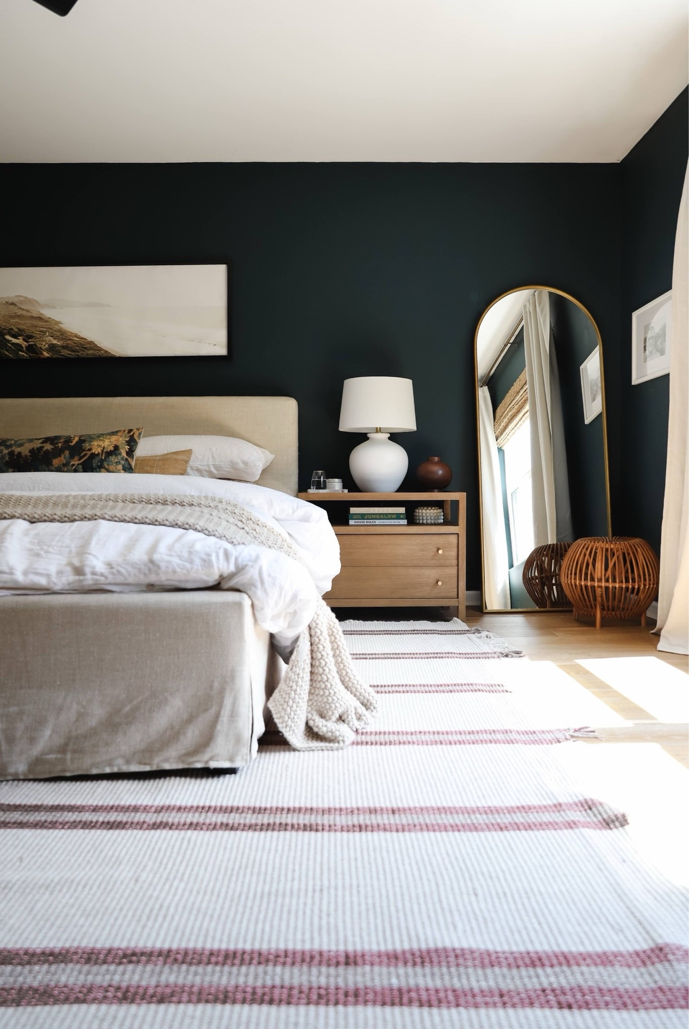 Bedroom inspiration, linen slipcover bed, arch mirror, geometric rug, transitional nightstand

#LTKHome