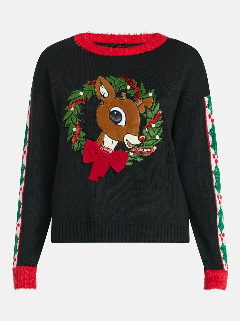 Rudolph Women's Embellished Christmas Sweater with Long Sleeves, Midweight, Sizes XXS-XXL | Walmart (US)