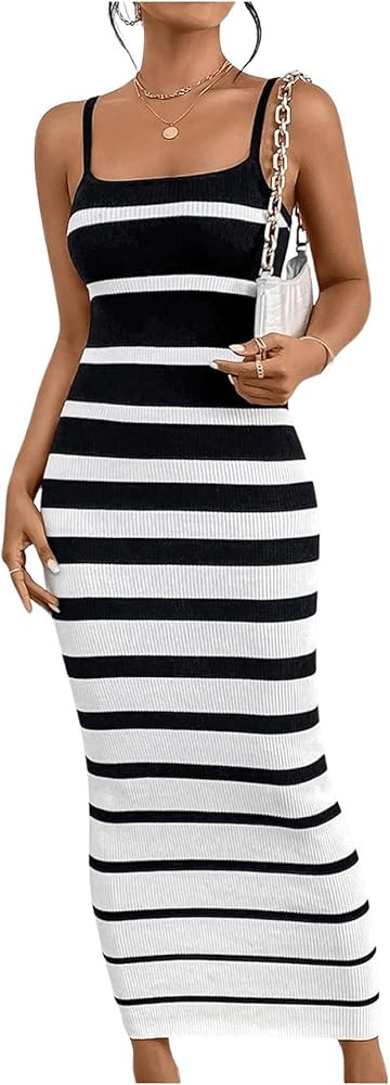 GORGLITTER Women's Striped Sweater Dress Spaghetti Strap Backless Long Bodycon Maxi Dress | Amazon (US)