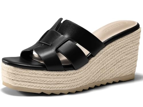 Coutgo Women's Wedge Sandals Platform Espadrille Heels Open Toe Strappy Slip On Casual Summer Slide Shoes, Black, Size 7.5 | Amazon (US)