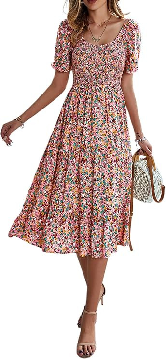 Fesier Women's Summer Floral Print Scoop Neck Midi Dress Casual Boho Short Sleeve Smocked Split S... | Amazon (US)