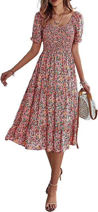 Fesier Women's Summer Floral Print Scoop Neck Midi Dress Casual Boho Short Sleeve Smocked Split S... | Amazon (US)