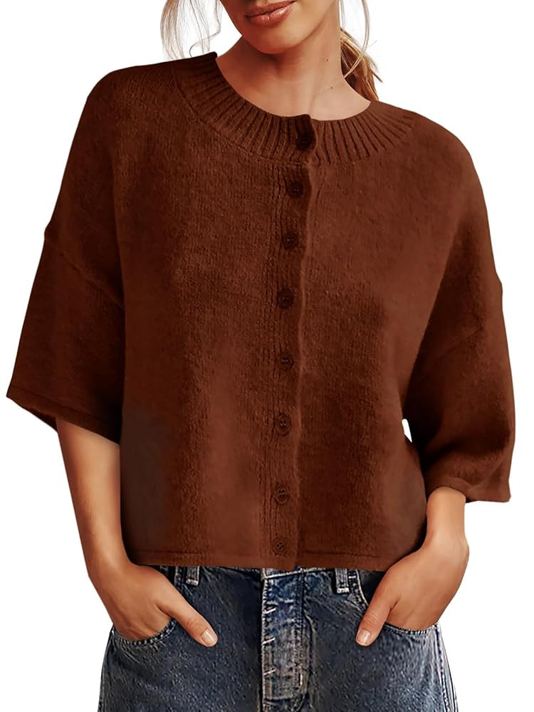 Saodimallsu Womens 3/4 Sleeve Cardigan Sweater Button Down Cropped Crewneck Cardigan 2025 Fall Ca... | Amazon (US)