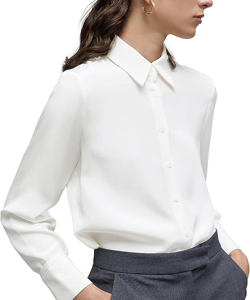 YAMANMAN Women's Button Down Shirt Classic Long Sleeve Collared Tops Work Office Chiffon Blouse | Amazon (US)