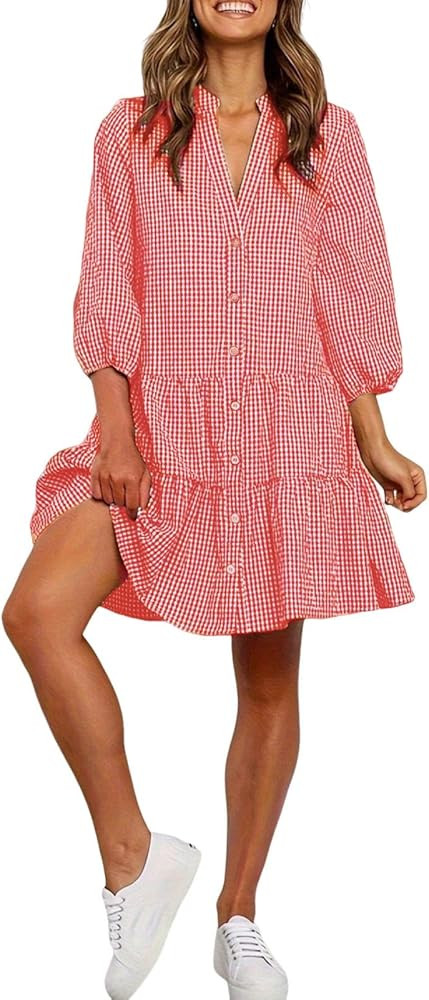 utcoco Women's 2026 Spring Summer Plaid Shirt Dress 3/4 Puff Sleeve Button Down Loose Casual Midi... | Amazon (US)