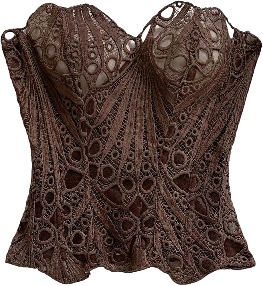 GORGLITTER Women's Lace Corset Tops Sexy Strapless Floral Textured Sheer Bustier Going Out Lace-u... | Amazon (US)