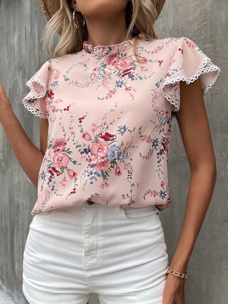 Floral Print Contrast Guipure Lace Butterfly Sleeve Frill Neck Blouse | SHEIN