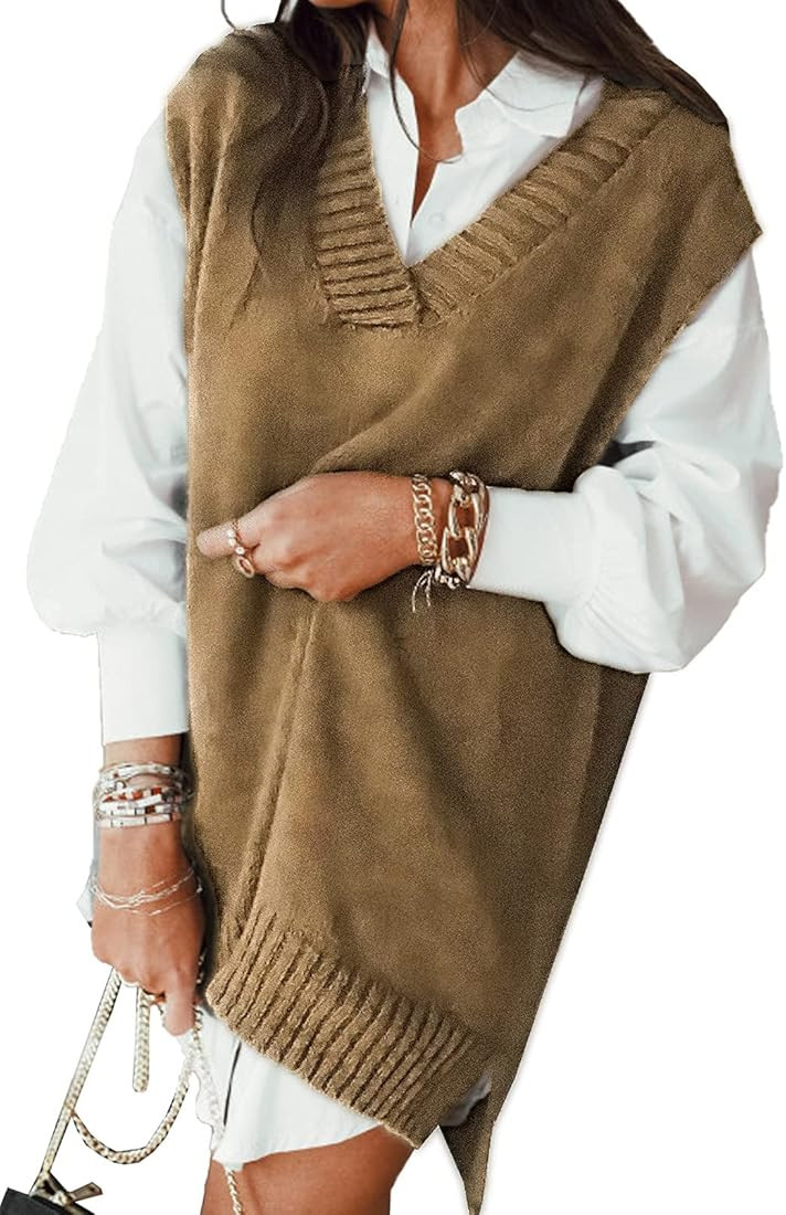 EVALESS Oversized Sweater Vest for Women V Neck Sleeveless Solid Color Loose Pullover Sweater | Amazon (US)