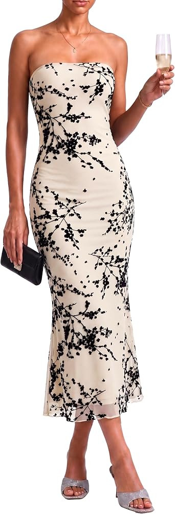 Women's Floral Strapless Maxi Dress 2026 Summer Mesh Tube Bodycon Wedding Guest Cocktail Party Fo... | Amazon (US)