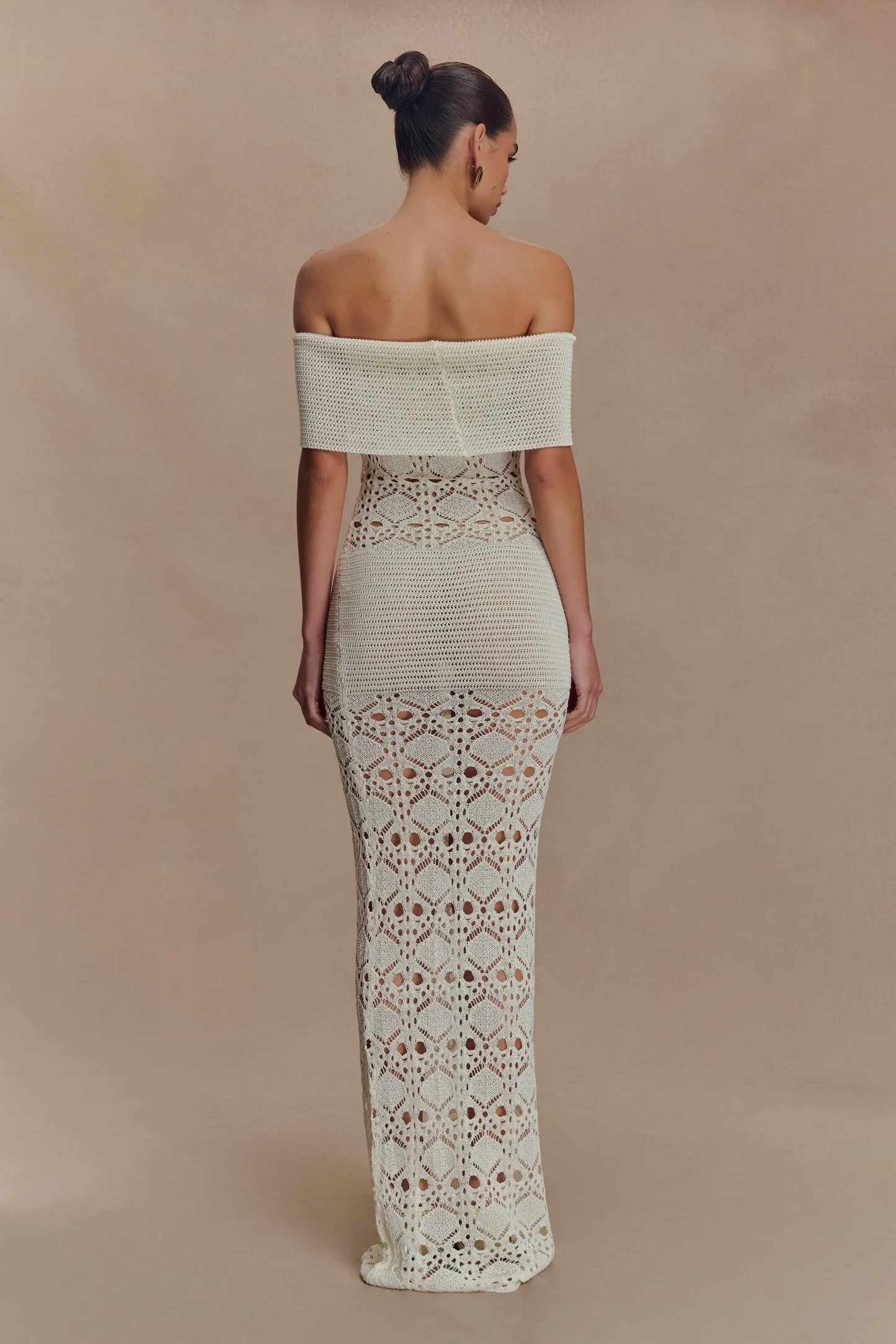 Solstice Off Shoulder Crochet Knit Maxi Dress - Ivory | MESHKI US