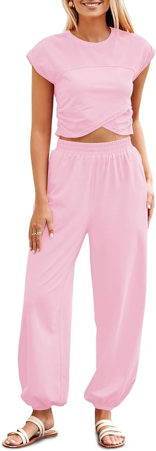 Fisoew Women's Two Piece Outfits Casual Lounge Sets Crop Tops and Joggers Tracksuit with Pockets | Amazon (US)