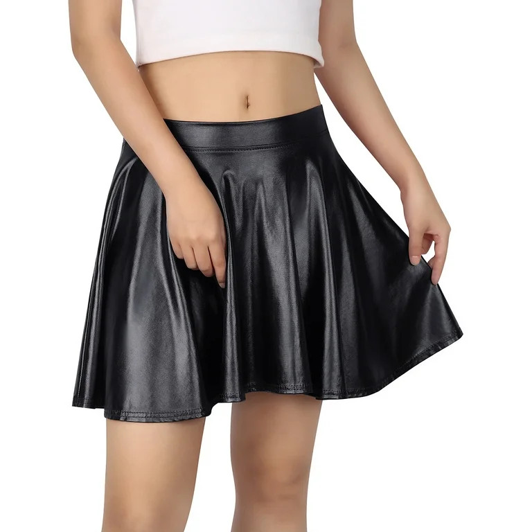 HDE Women's Shiny Liquid Metallic Wet Look Flared Pleated Skater Skirt Black M | Walmart (US)