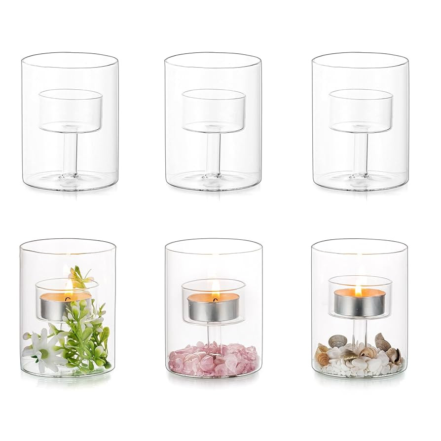 Glasseam Glass Tealight Candle Holder: Small Hurricane Cylinder Votive Holder Set of 6 Modern Tab... | Amazon (US)