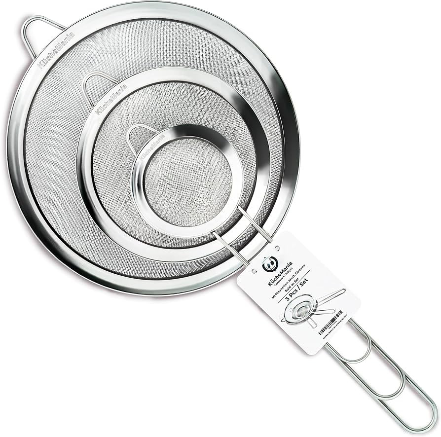 Sieves and Strainers Set \u2013 3 Pack Stainless Steel Fine Mesh Sieve (7cm, 12cm, 18cm) | Rust F... | Amazon (UK)