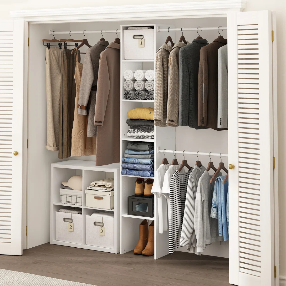 Furinno Fano Clothing & Closet Storage Organizer Shelf Tower with 3 Hanging Bars, White | Wayfair North America