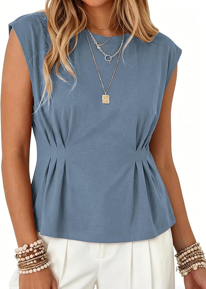 Watashi Women Summer Babydoll Tops Casual Cap Sleeve Peplum Tunic Shirt Dressy Pleated Tops(Blueg... | Amazon (US)