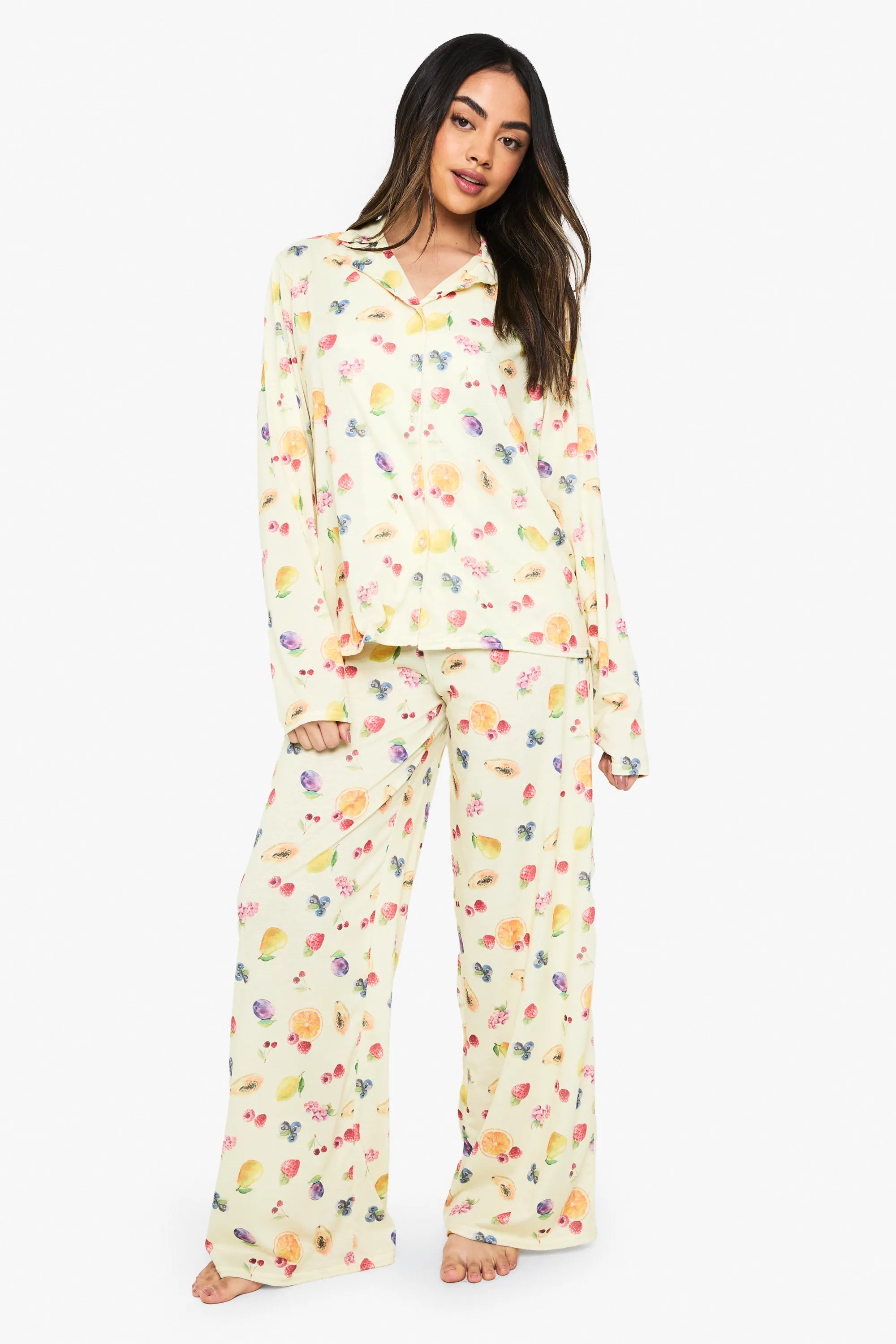 Lemon Mixed Fruit Print Long Sleeve Shirt & Trousers Pyjama Set | Boohoo | Boohoo.com (UK & IE)