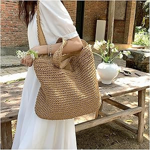 COZYOFFI Straw Beach Tote Bag: Large Summer Boho Woven Bags - Rattan Handmade Shoulder Handbags f... | Amazon (US)