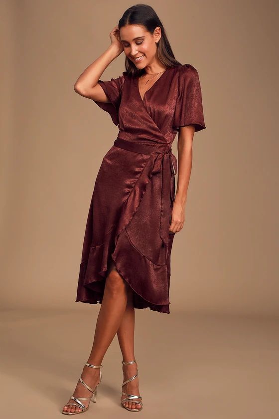 Wrapped Up In Love Burgundy Satin Faux-Wrap Midi Dress | Lulus