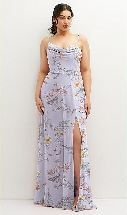 Soft Cowl-Neck A-Line Maxi Dress with Adjustable Straps in Butterfly Botanica Silver Dove | The Dessy Group