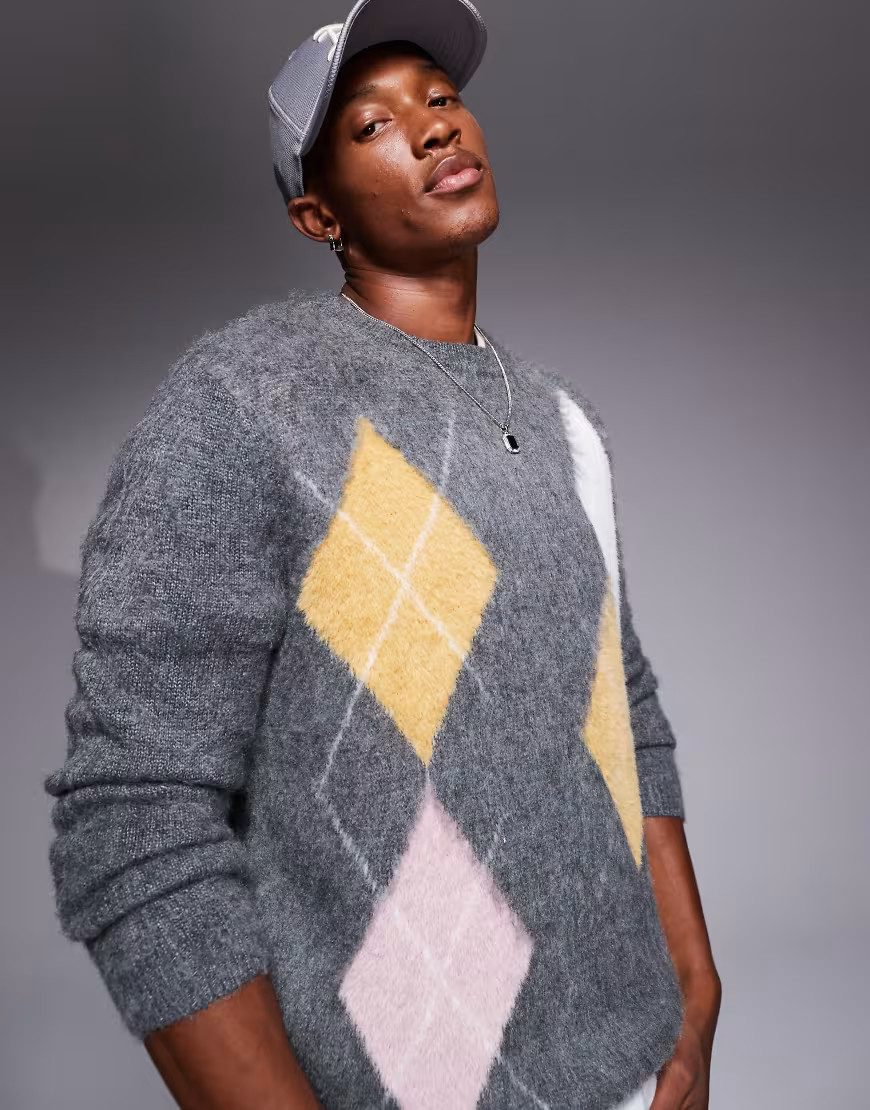 ASOS DESIGN knitted crew neck sweater with argyle pattern in gray | ASOS (Global)