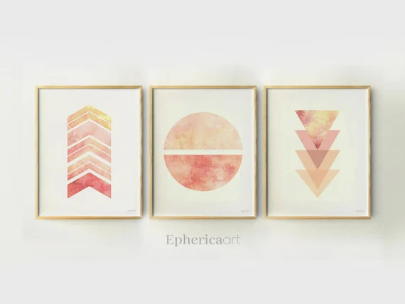 Coral Pink Abstract print set Modern office decor Abstract art Coral Geometric wall art Home deco... | Etsy (US)