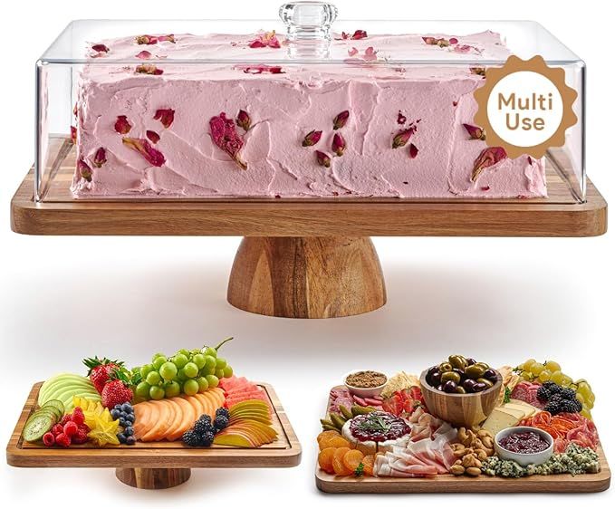 Acacia Wood Cake Stand with Lid - Rectangular Cake Holder, 2-in-1 Dessert Table Display Set & Cha... | Amazon (US)