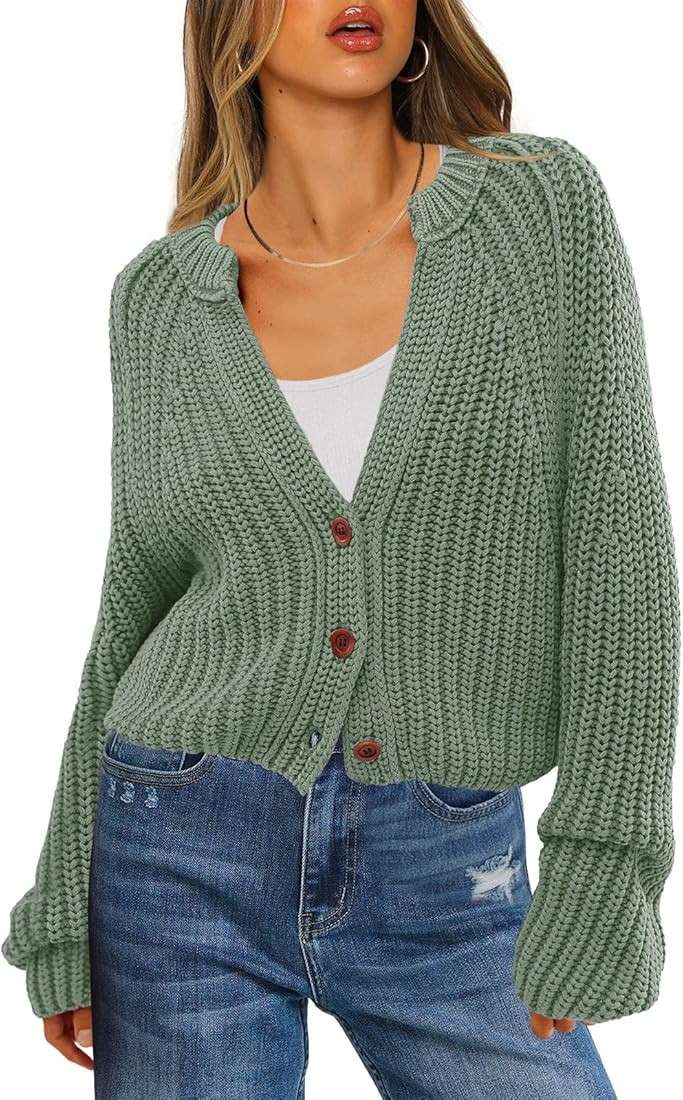 ReachMe Womens Chunky Cable Knit Cardigan Sweaters Long Sleeve Open Front Cropped Cardigan V Neck... | Amazon (US)