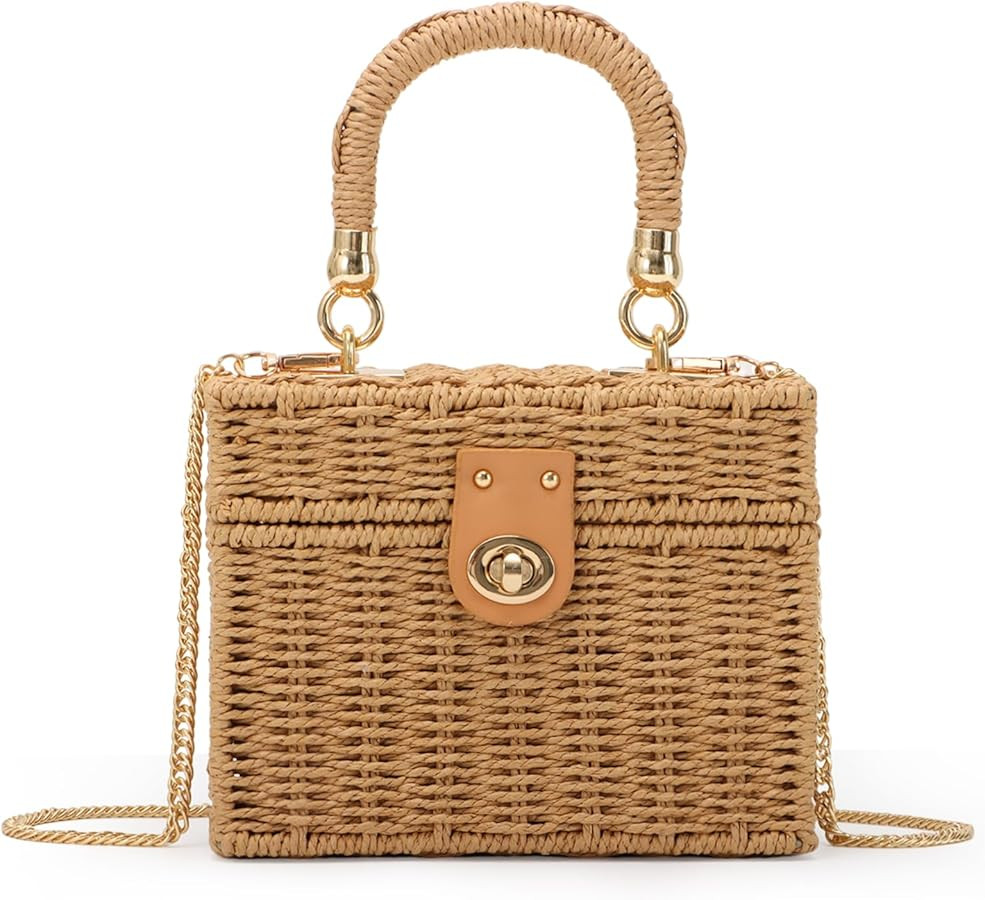 Fecialy Women Handwoven Rattan Handbag Beach Straw Tote Bag Square Boho Crossbody Bag | Amazon (US)