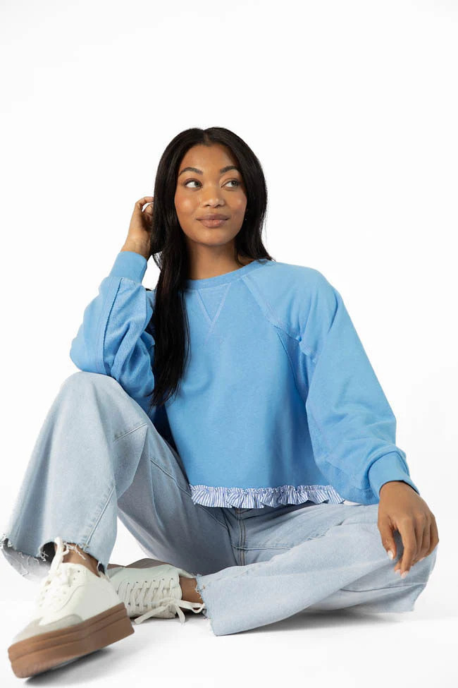 Away We Go Cropped Blue Stripe Ruffle Hem Crew Neck Sweatshirt | Pink Lily