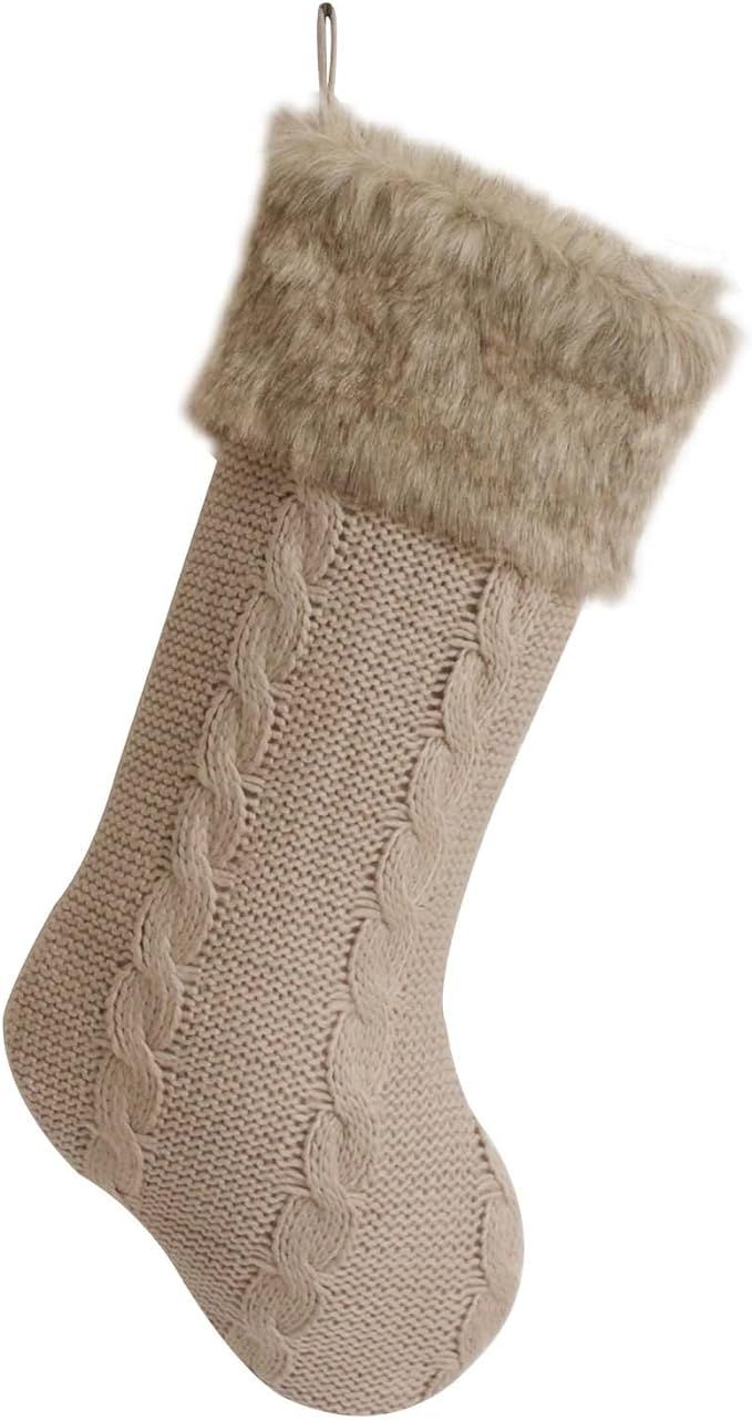 Gireshome Khaki Chunky Cable Knit Body, Luxury Faux Fur Cuff,Whimsical Pom-poms Christmas Stockin... | Amazon (US)