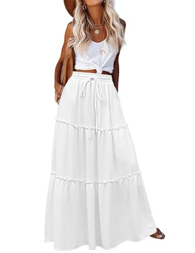 Zeagoo Women's White Maxi Skirt for Women Casual Long Skirts with Pockets High Waist Flowy Skirts for Womens 2025 Tiered Skirts Summer Pleated Skirts XXL | Amazon (US)