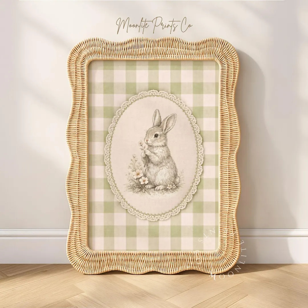 Vintage Rabbit Wall Art Print | Green Gingham Cottagecore Nursery Decor | Easter Bunny Illustrati... | Etsy (US)