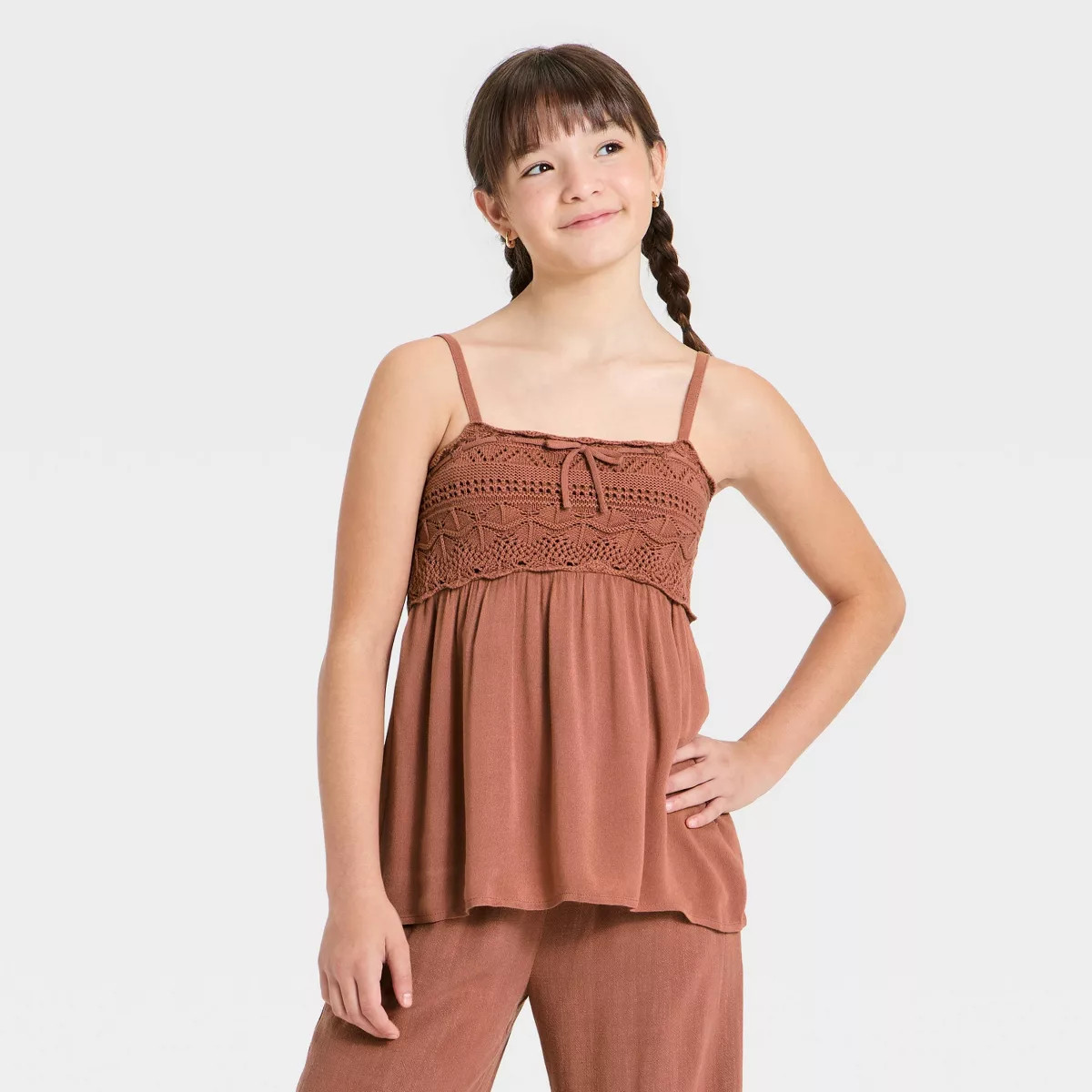Girls' Babydoll Sweater Trim Tank Top - art class™ Brown L | Target
