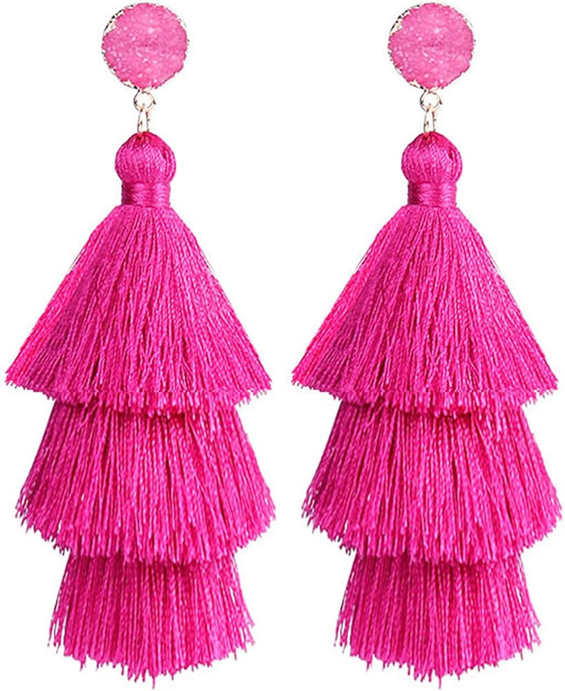3 Tier Layered Tassel Earrings for Women Hot Pink Earrings for Teen Girls Bohemian Big Dangle Dro... | Amazon (CA)