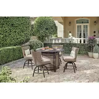 Home Decorators Collection Hazelhurst 5-Piece Brown Wicker Outdoor Patio High Dining Fire Pit Sea... | The Home Depot