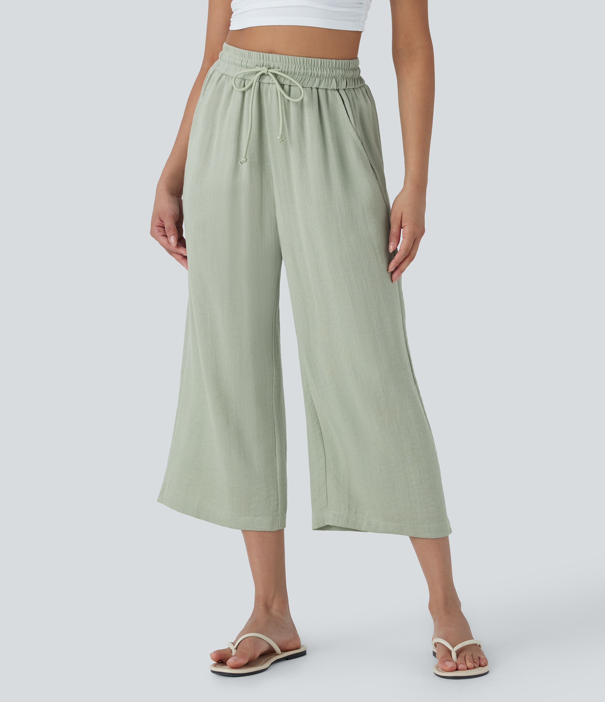 Women\u2019s High Waisted Drawstring Wide Leg Cropped Casual Linen-Feel Pants with Pockets - Hala... | HALARA