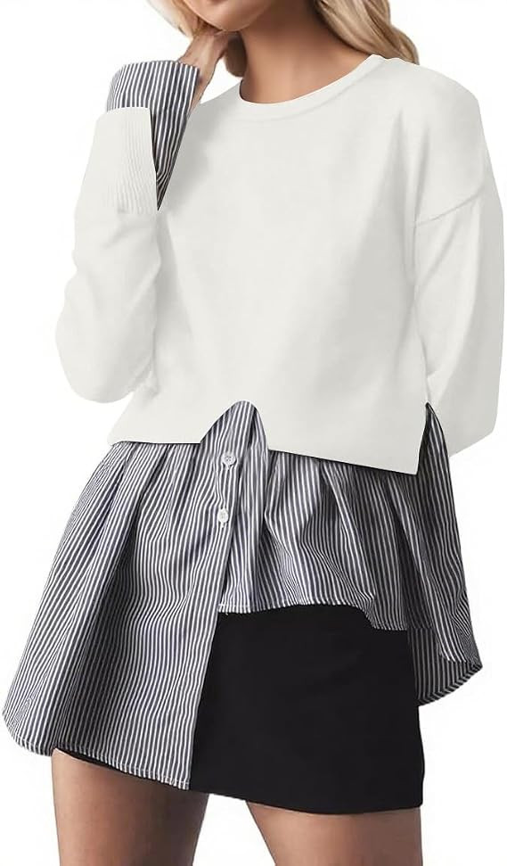MISSACTIVER Women Slit Crew Neck Patchwork Sweater Asymmetrical Hem Shirt Top 2 in 1 Buttons Down... | Amazon (US)