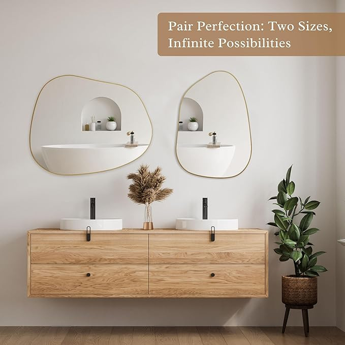 PERFNIQUE Irregular Wall Mirror Asymmetrical Mirror, 28''x20'' Golden Wood Framed Mirror for Bath... | Amazon (US)