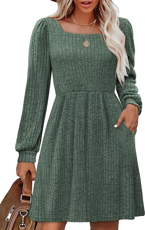OFEEFAN Womens Knit Dress with Pockets Square Neck Long Sleeve Knee Length Dresses | Amazon (US)