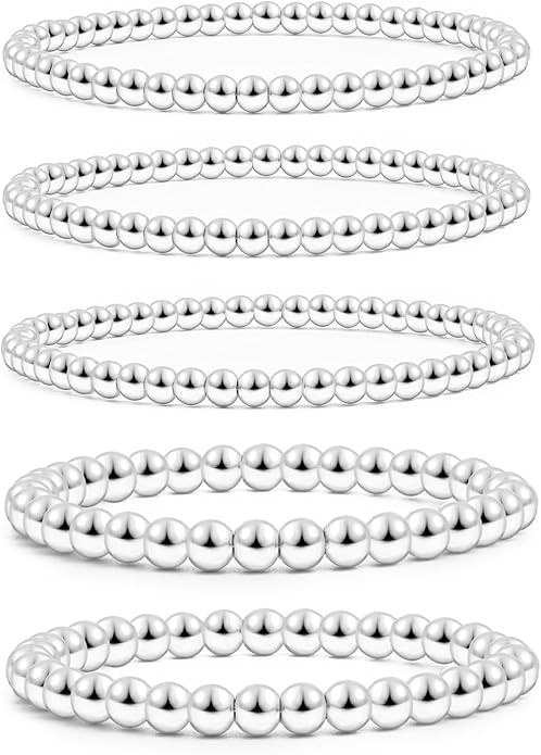 Gold Beaded Bracelets For Women Bead Ball Stackable Sets Stretch Elastic Bracelet 14K Plated Brac... | Amazon (US)