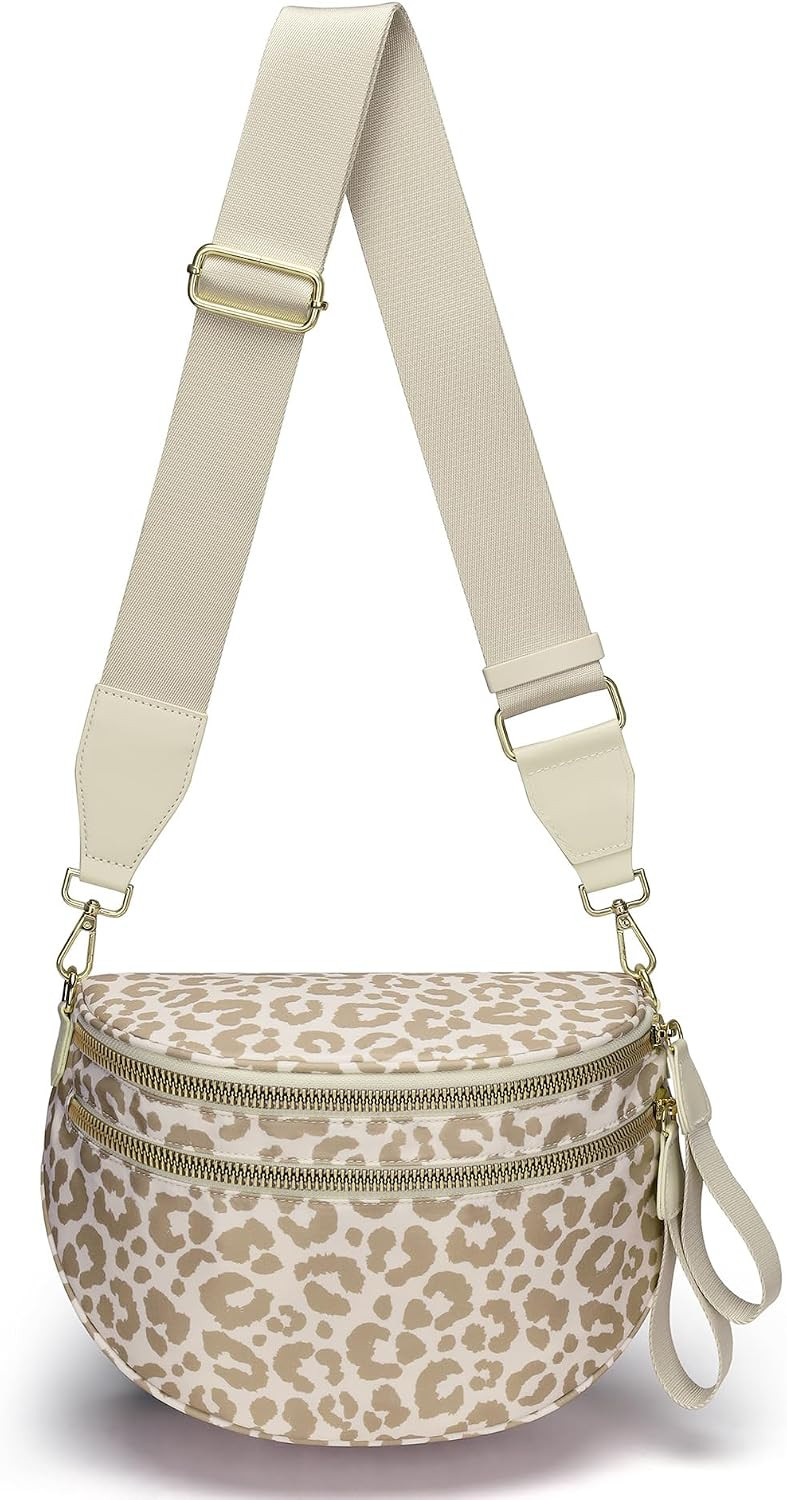 WOOMADA Checkered Crossbody Bag Bum Bag for Women, Fanny Pack Checkered Purse, Belt Bag with Shoulder Strap（beige leopard） | Amazon (US)